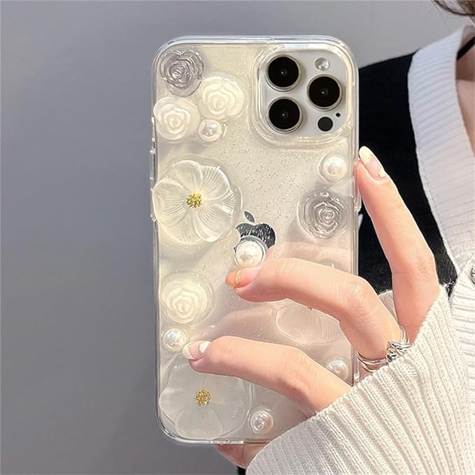 Rose Flower Pearl Glitter Epoxy Soft Phone Case For iphone 14 Pro Max 13 12 11 Plus Clear Silicone Shockproof Cover, Clear,