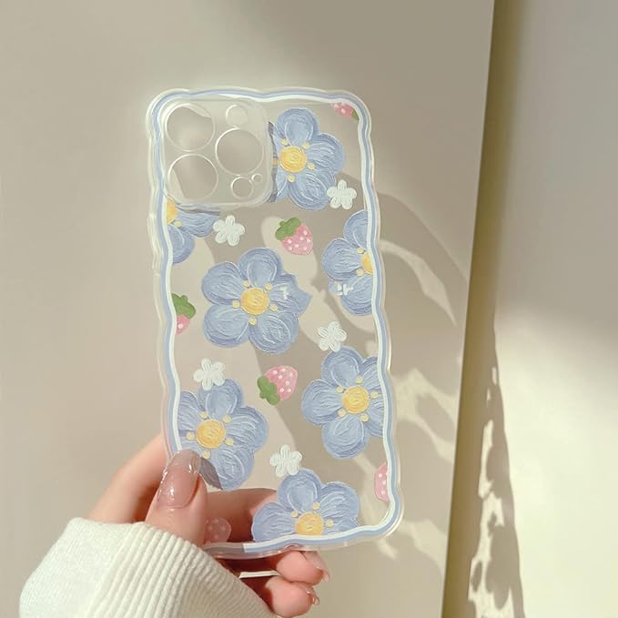 Fashion Art Blue Flower Strawberry Cute Phone Case iPhone 14 13 Pro Max 11 12 Mini X XR 7 8 Plus XS Silicone Soft Back,T1,For iPhone14
