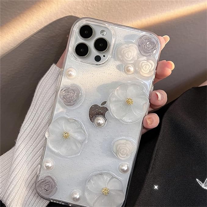 Rose Flower Pearl Glitter Epoxy Soft Phone Case For iphone 14 Pro Max 13 12 11 Plus Clear Silicone Shockproof Cover, Clear,