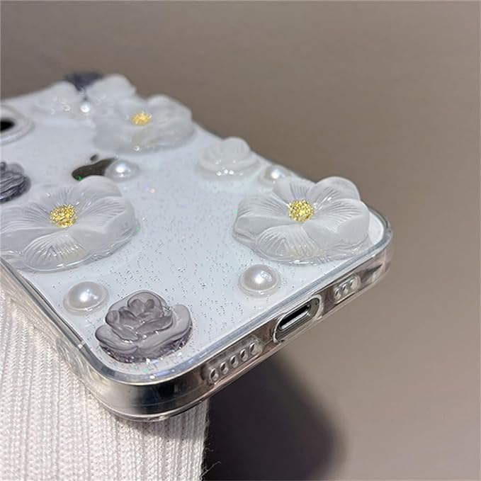 Rose Flower Pearl Glitter Epoxy Soft Phone Case For iphone 14 Pro Max 13 12 11 Plus Clear Silicone Shockproof Cover, Clear,
