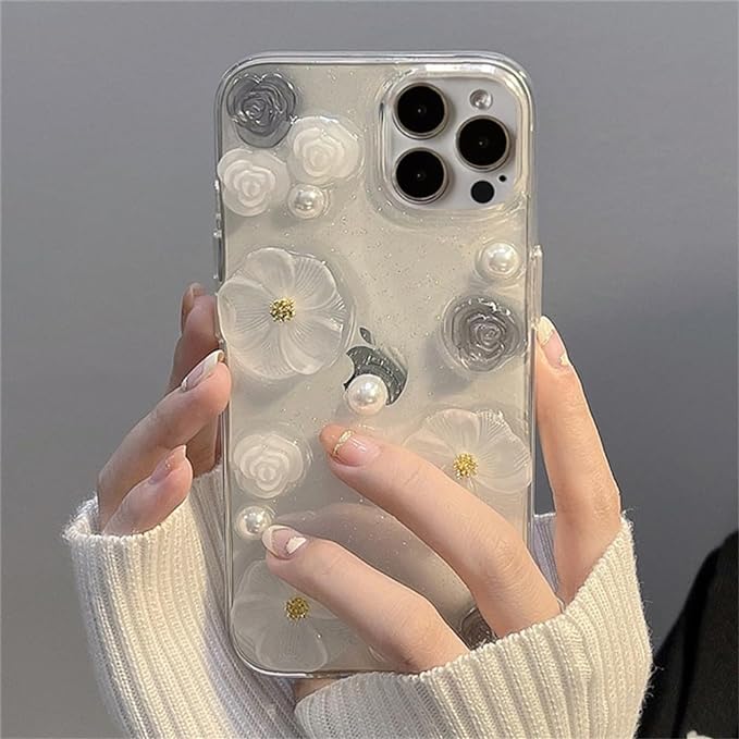Rose Flower Pearl Glitter Epoxy Soft Phone Case For iphone 14 Pro Max 13 12 11 Plus Clear Silicone Shockproof Cover, Clear,