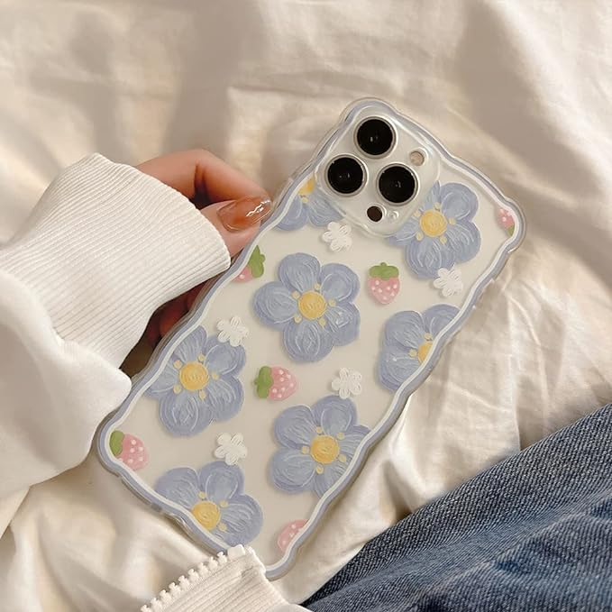 Fashion Art Blue Flower Strawberry Cute Phone Case iPhone 14 13 Pro Max 11 12 Mini X XR 7 8 Plus XS Silicone Soft Back,T1,For iPhone14