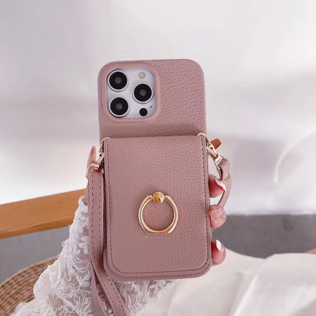 iPhone Case with Shoulder, Card Storage, Back Notebook Type, Ring Included, Smartphone Case, iPhone 13 Case, Shoulder with Strap, iPhone 13 Case, Shoulder, Fall Prevention, Shoulder, Crossbody, Neck, Cute, Cute, Stylish, Stand Function, Mocha Brown