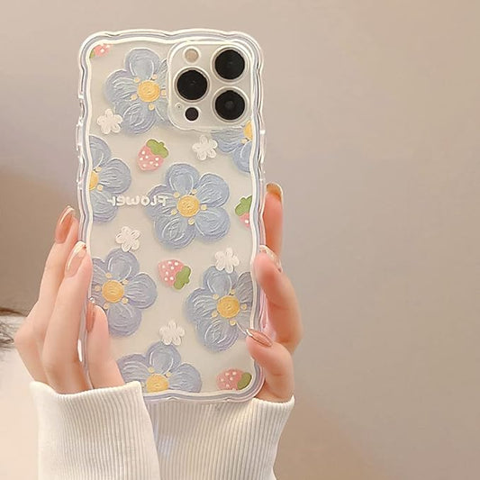 Fashion Art Blue Flower Strawberry Cute Phone Case iPhone 14 13 Pro Max 11 12 Mini X XR 7 8 Plus XS Silicone Soft Back,T1,For iPhone14