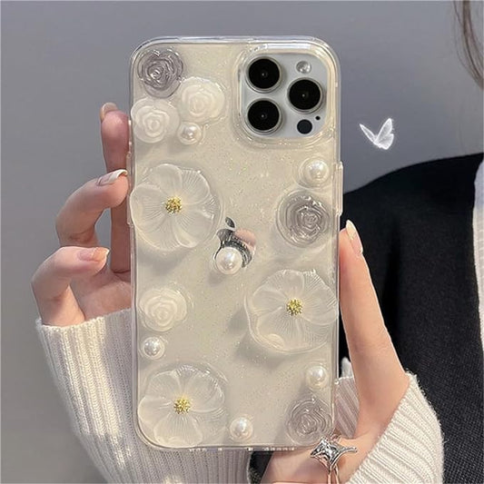Rose Flower Pearl Glitter Epoxy Soft Phone Case For iphone 14 Pro Max 13 12 11 Plus Clear Silicone Shockproof Cover, Clear,