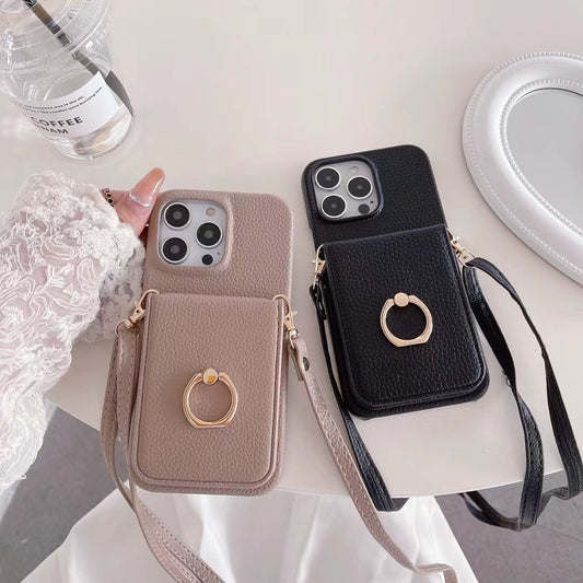 iPhone Case with Shoulder, Card Storage, Back Notebook Type, Ring Included, Smartphone Case, iPhone 13 Case, Shoulder with Strap, iPhone 13 Case, Shoulder, Fall Prevention, Shoulder, Crossbody, Neck, Cute, Cute, Stylish, Stand Function, Mocha Brown